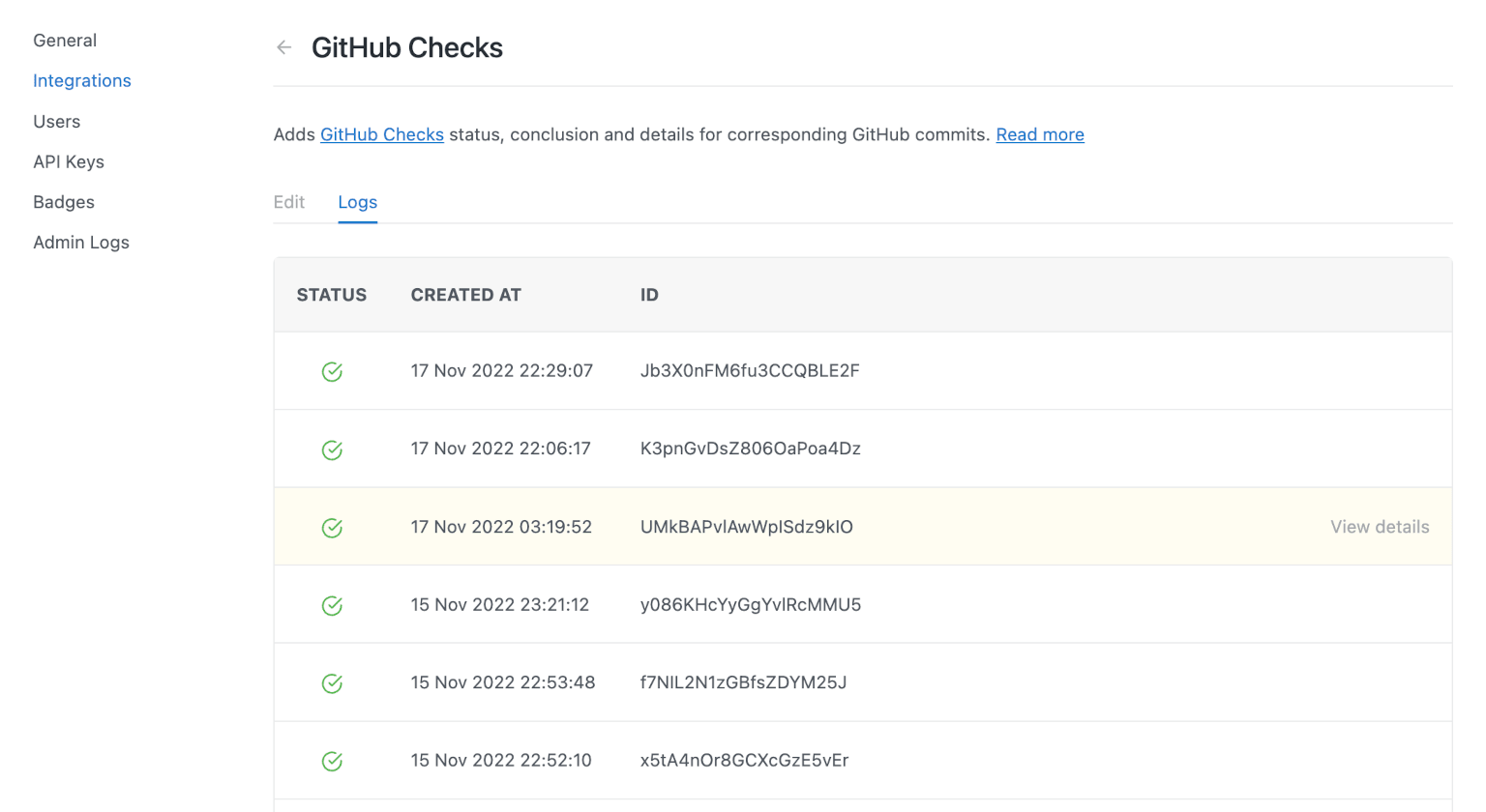 Project integration logs