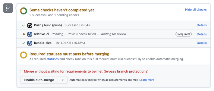 RelativeCI GitHub Commit Status Review - GitHub protected branch pending check