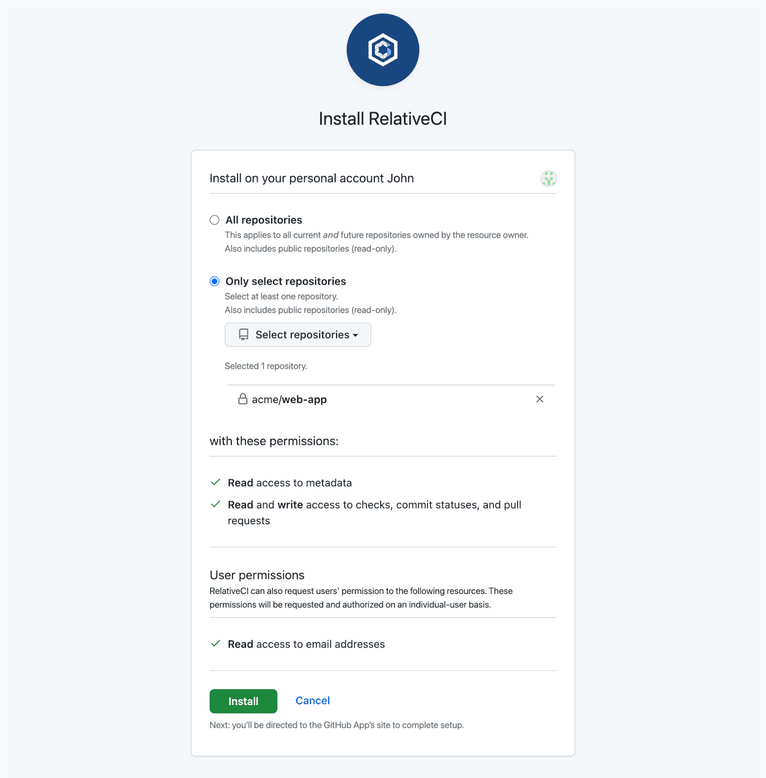 GitHub RelativeCI app select repository
