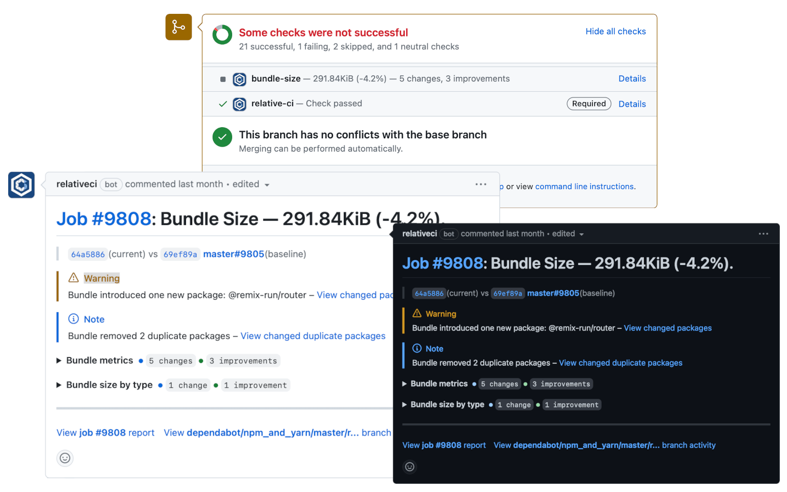 GitHub integrations - bundle analysis metric regressions and improvements