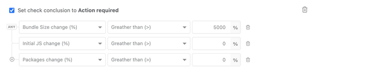 RelativeCI GitHub Check rules example - action_required on bundle size increase or package count increase or initial javascript increase