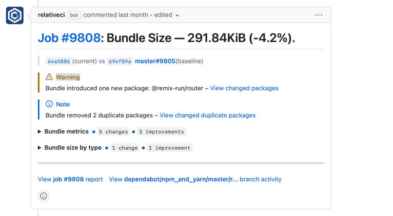 RelativeCI GitHub Pull Request comment - bundle analysis summary