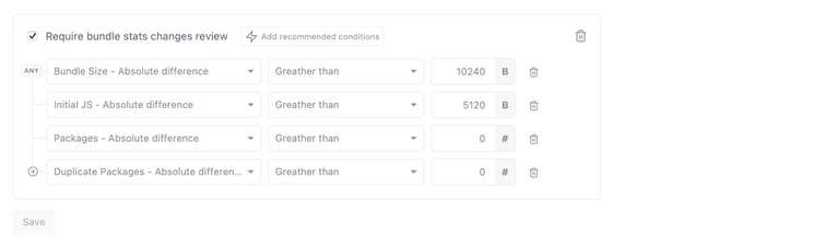 RelativeCI GitHub Commit Status Review - app settings - recommended conditions