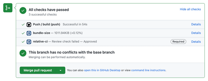 RelativeCI GitHub Commit Status Review - GitHub protected branch success check