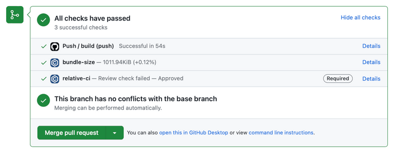 RelativeCI GitHub Commit Status Review - GitHub protected branch success check